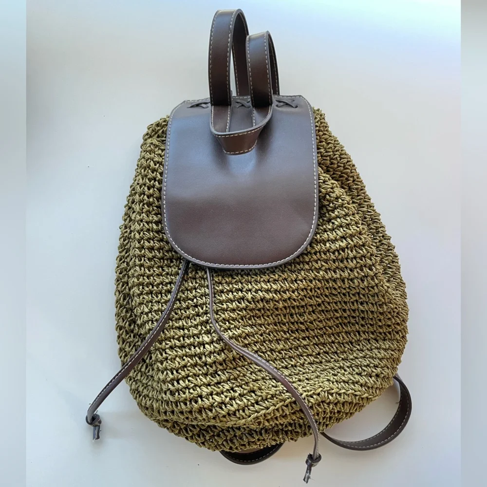 Cappelli Straworld Olive Green Woven Raffia Backpack Brown Faux Leather Trim‎